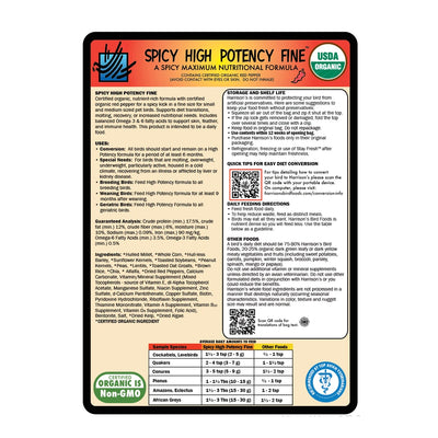 Harrison's Bird Food Spicy High Potency Fine in 454g showing the Back View