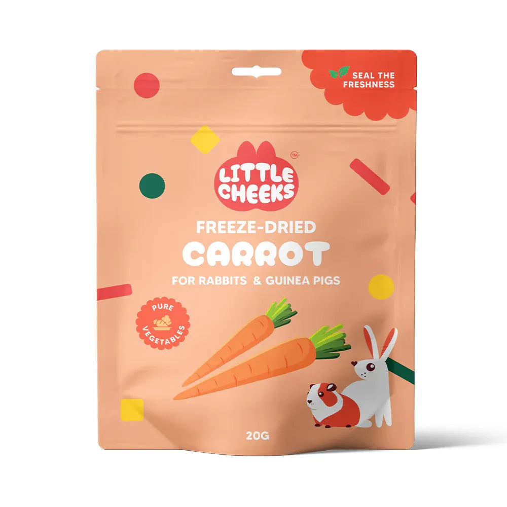 Package of Little Cheeks freeze-dried carrot for rabbits and guinea pigs on a white background
