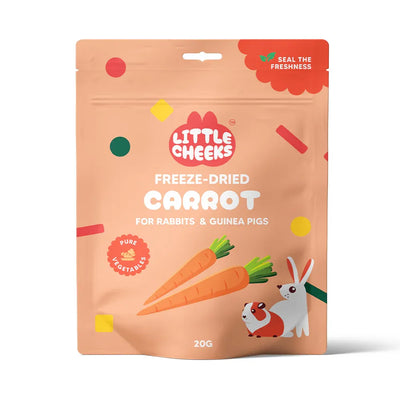 Package of Little Cheeks freeze-dried carrot for rabbits and guinea pigs on a white background