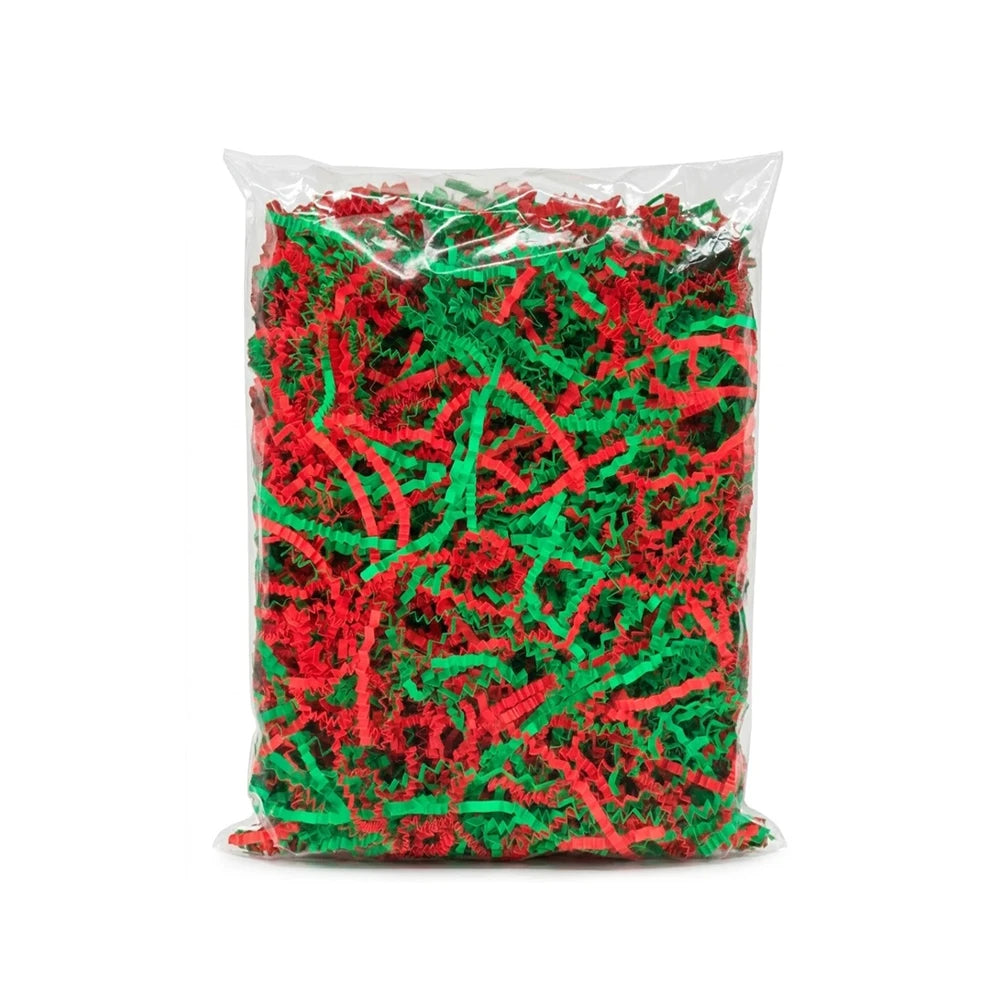 Mighty bird crinkle  green red paper shreds in 100g showing the front view
